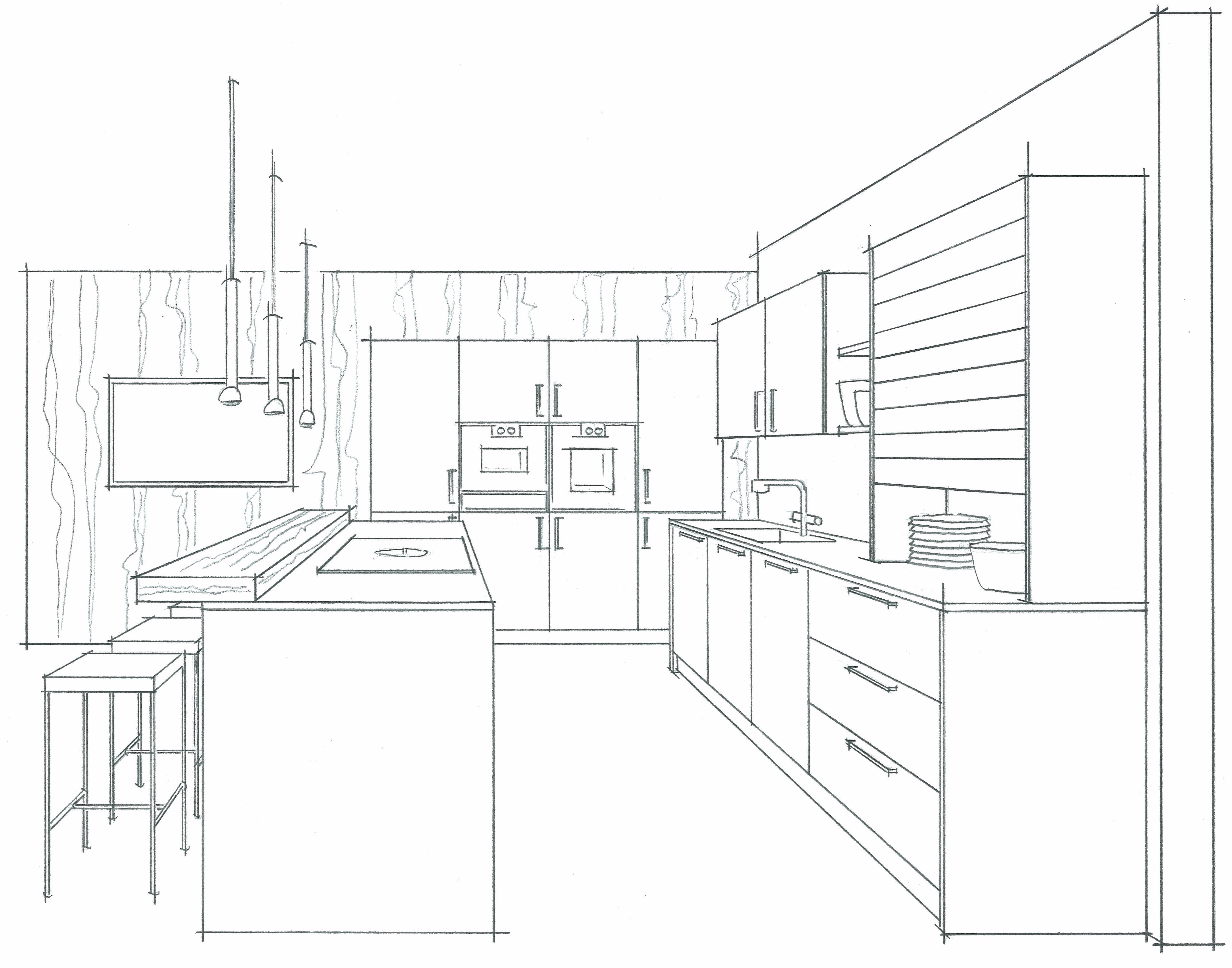 zweizeilie offene Küche 3D-Zeichnung